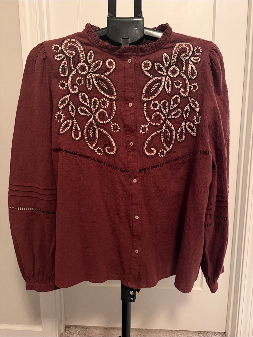 Zara Embroidered Button-Front Top - Burgundy with Cream Detail